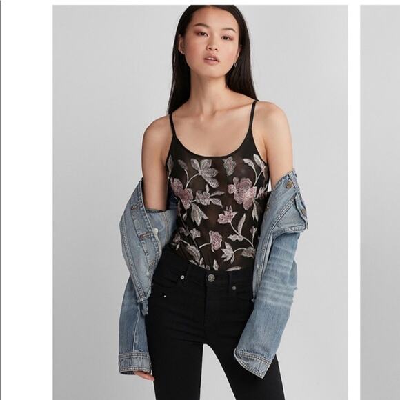 Express Womens XS Black Floral Embroidered Sheer Bodysuit Tank Top Scoop Thong - Picture 9 of 11